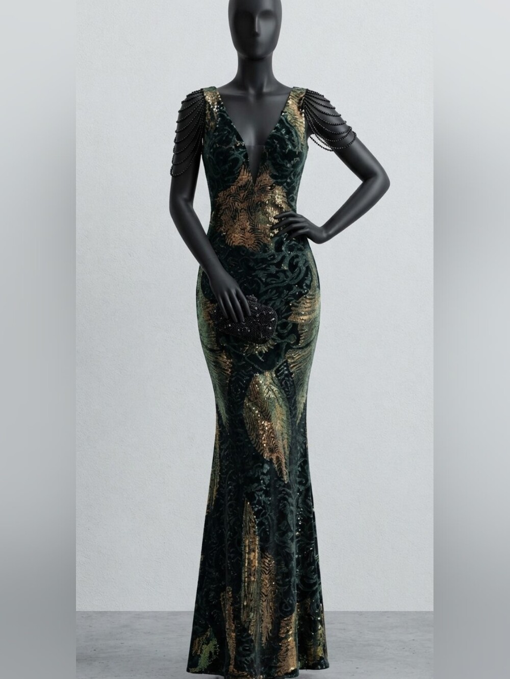 Navy, Floral, Beaded,  Round Back,  Sleeveless,  Sequined Gown - Picture 15 of 15